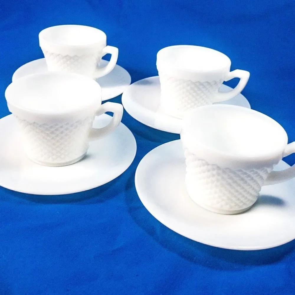 VTG Westmorland English Hobnail Milk Glass Cup & Saucer -Service for 4
